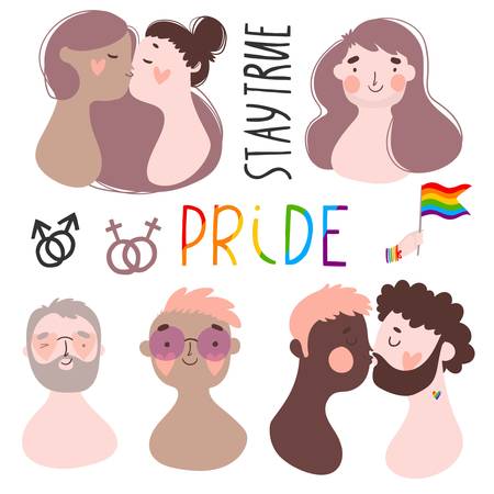 Love is love. Gay pride. LGBTQ. Set of different people, couple in love. Cartoon styled llustrations and lettering collection good for stickers, prints, tatoo design, cards. In gental colors.のイラスト素材