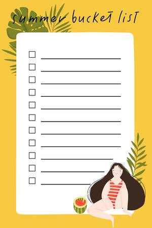 Summer bucket list with hand drawn illustration of cute girl, leaves and summer elementsのイラスト素材
