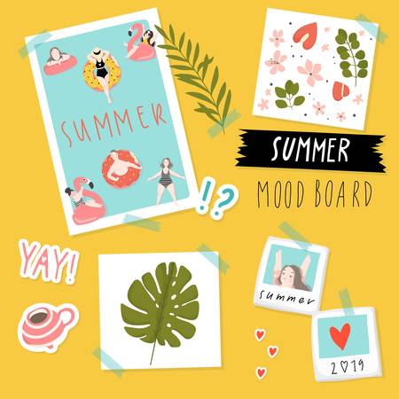 Summer mood board. Poster cards photos leaves stickers hanging on the wall. Trendy inspirational background. Vector illustrationのイラスト素材