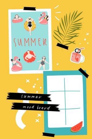 Summer mood board. Poster cards photos leaves stickers hanging on the wall. Trendy inspirational background. Vector illustrationのイラスト素材