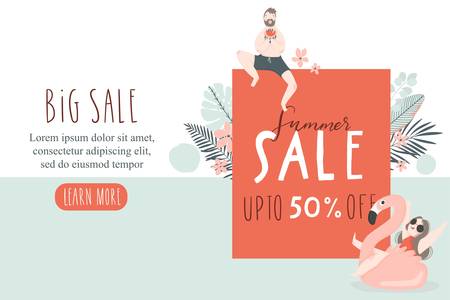 Summer theme sale banner. Vector illustration of resting people and objects issociated with summer holidays and vacation by the sea. Creative banner, landing page, flyer in hand drawn style.のイラスト素材