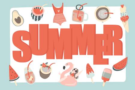 Summer background with hand drawn illustrations. Sale banners, wallpaper, flyers, invitation, posters, brochure, voucher discount, ticket designのイラスト素材