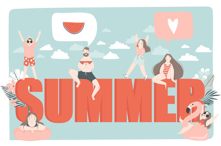 Summer background with girls and boys have fun. Vector illustration of resting people and objects issociated with summer holidays and vacation by the sea. Creative banner, landing page, flyerのイラスト素材