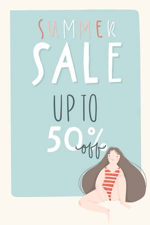 Summer sale background with girl on flamingo inflatable circle and handwriting lettering. Sale banners, wallpaper, flyers, invitation, posters, brochure, voucher discount, ticket designのイラスト素材