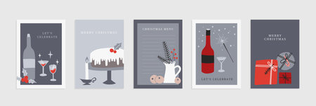 Merry Christmas and Happy New Year cards collection for kitchen. Cute winter flat cartoon vector illustration set. Cozy scandinavian hygge home posters with florals, food and drinkのイラスト素材
