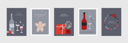 Merry Christmas and Happy New Year cards collection for kitchen. Cute winter flat cartoon vector illustration set. Cozy scandinavian hygge home posters with florals, food and drinkのイラスト素材