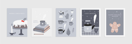 Merry Christmas and Happy New Year cards collection for kitchen. Cute winter flat cartoon vector illustration set. Cozy scandinavian hygge home posters with florals, food and drinkのイラスト素材