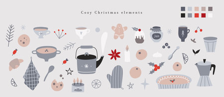 Hygge Merry Christmas isolated elements set. Cozy winter season kitchen collection - kitchenware, food, gift box, sweets, teapot, cup, cookies. Flat cartoon Happy New Year clipartのイラスト素材