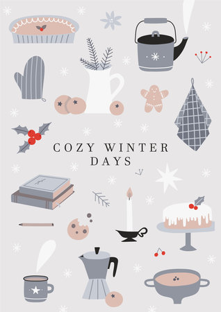 Simple cozy winter greeting card. Cute Scandinavian lifestyle objects for home. Winter holidays celebration. Christmas aesthetics collection with baking and kitchen equipment.のイラスト素材