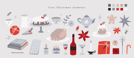 Hygge Merry Christmas isolated elements set. Cozy winter season kitchen collection - kitchenware, food, gift box, sweets, teapot, cup, cookies. Flat cartoon Happy New Year clipartのイラスト素材