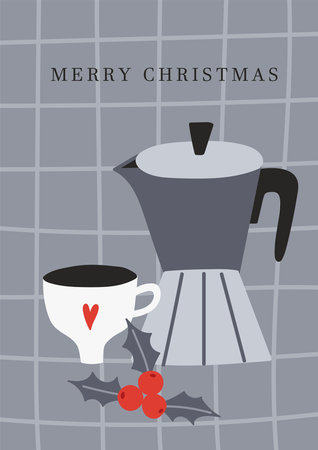 Simple cozy winter greeting card, poster concept. Cute Scandinavian lifestyle home scene. Winter holidays celebration. Christmas aesthetics design with baking and kitchen equipmentのイラスト素材