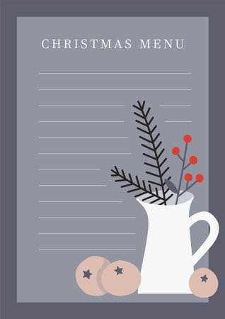Winter holidays celebration Christmas menu template. Simple cozy winter greeting card, poster concept. Christmas aesthetics design with baking and kitchen equipment, florals, pieのイラスト素材
