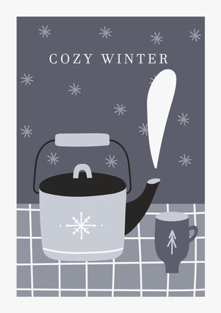 Simple cozy winter greeting card, poster concept. Cute Scandinavian lifestyle home scene. Winter holidays celebration. Christmas aesthetics design with baking and kitchen equipmentのイラスト素材