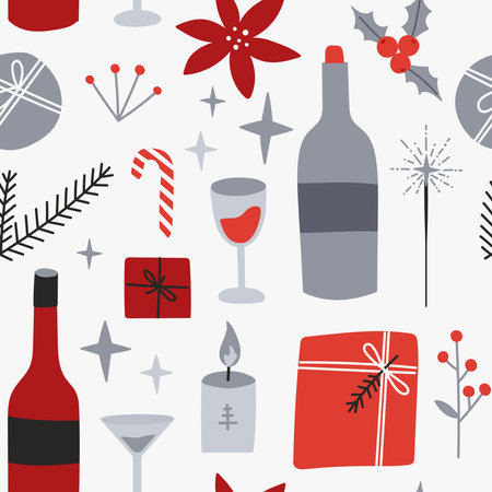 Happy New year 2024, 2023 Merry Christmas celebration seamless pattern. Champagne, gift box, wineglass, goblet, poinsettia, sparklers. Party festive merry wrapping paper, cardのイラスト素材