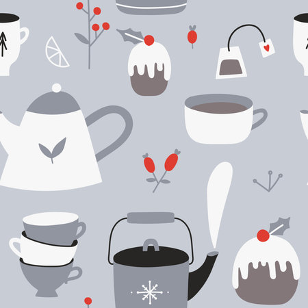 Simple cozy winter tea party seamless pattern. Cute Scandinavian lifestyle objects for home. Winter holidays celebration. Vector cartoon Christmas aesthetics with cakes, tea cupsのイラスト素材