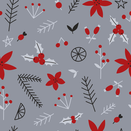 Floral Merry Christmas, Happy New Year seamless pattern with flowers, branches, leaves, berries and snowflakes for greeting cards, wrapping papers, banner. Seamless winter pattern.のイラスト素材