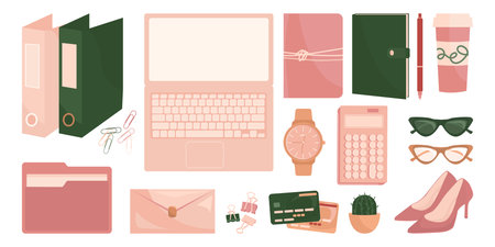 Set of tools for women. Stationery for office worker, boss and student. Elegant office stationery in...