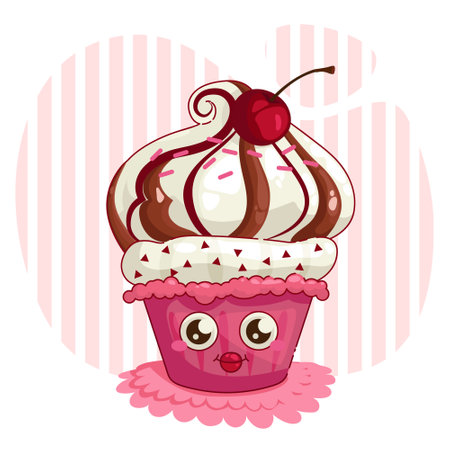 Cartoon cherry chocolate cupcake with cute face. Vector illustrationのイラスト素材