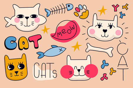Stickers set with cute cats. 80s style colorful flat vector illustration. Dry food, fish and different design elements. Text elements for designのイラスト素材