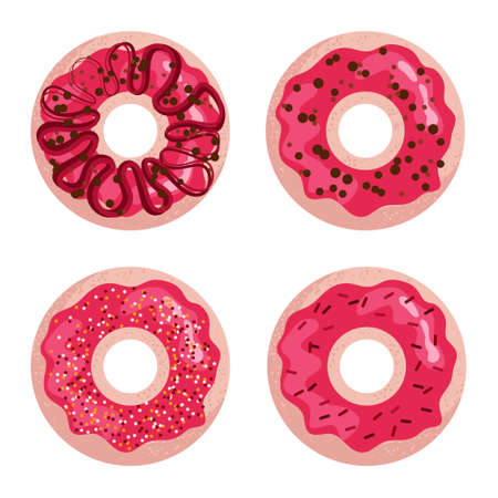 Donuts set with caramel and sprinkles. Top view vector illustrationのイラスト素材