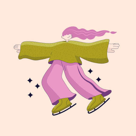 Modern girl on skates. Flat vector illustration design. cartoon people vector illustration. People skating on ice skates. Women's recreation and sports. Figure skatingのイラスト素材