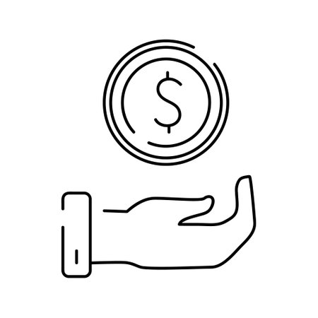 saving money. Hand with coin. Vector line flat icon. Salary, sell, money, business, buy, hand line icon. Vector illustration isolated on white backgroundのイラスト素材