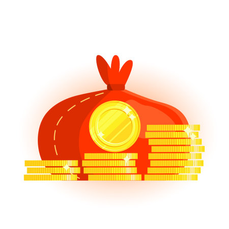 Stacks golden shiny coins with bag. Round coin side view. Bag with money. Vector flat illustration. Increasing profits and money. Wealth and economic growth symbol. design elementsのイラスト素材