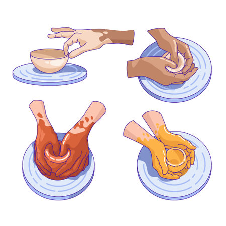 Set with potter hands making ceramic clay vase. Vector flat illustration with outline. Working with clay on pottery wheel. Design for ceramic school and studio. Working with varied clayのイラスト素材