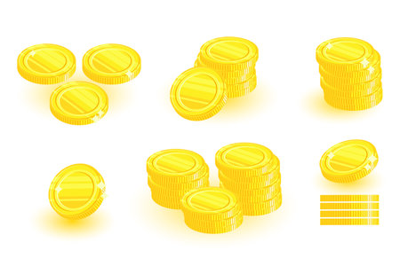 Round coin top view. Stacks of gold coins. stack money. falling coin. Vector flat illustration. Increasing profits and money. Wealth and economic growth symbol. design elementsのイラスト素材