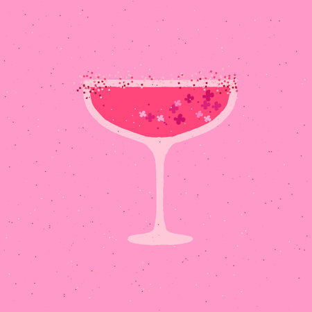 Champagne dessert glass. Alcohol drink with flower and sugar crumbs. Wine for wedding and celebration. Flat vector illustration with texture. simple retro alcohol drink posterのイラスト素材