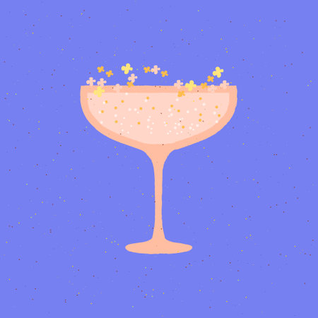 Cocktail margarita glass. Refreshing drink with flowers. Festive drinks for bar and party. Champagne for wedding and social event. Flat vector illustration with texture. simple retro posterのイラスト素材