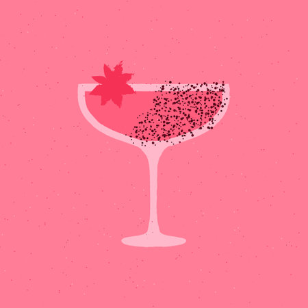 Martini dessert glass. Cocktail drink glass with anise and spices. Pink drink for events. Flat vector illustration with texture. Minimalist retro drink posterのイラスト素材