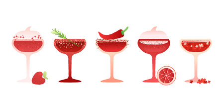 Red margarita cocktail set. Vector gradient flat illustration with texture. Cosmopolitanのイラスト素材