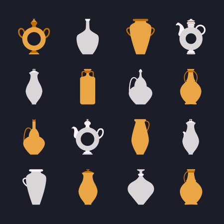Vector flat illustration set. Various vases for drinking. Pottery studio icon set. Products made on potters wheel. Natural clay products in a simple style. Kumanets Ukrainian traditional crockeryのイラスト素材