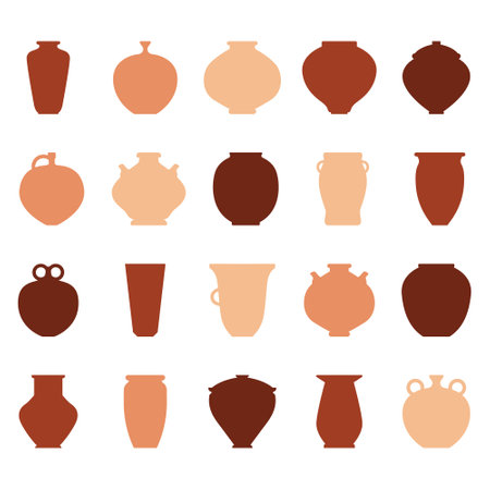 Terracotta ceramic pot set. Silhouette collection of icons with jur. Retro ceramic vases in minimalist boho style. Vector pottery icons for design. Clay products in traditional styleのイラスト素材