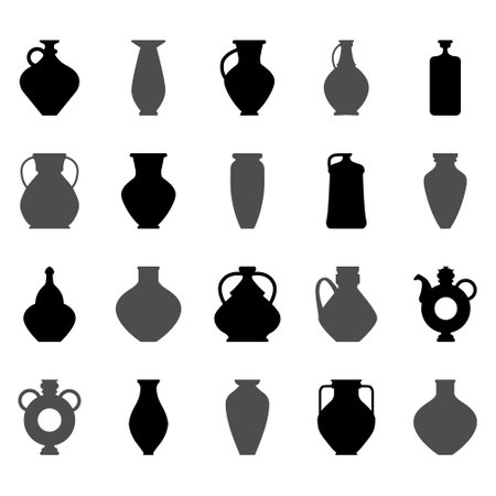Black set of ceramic pot. Silhouette collection of icons with bowl. Retro ceramic vases in trendy minimalist style. Vector pottery icons for logo, postcard, posters, posts and storiesのイラスト素材