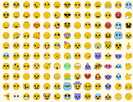 Big set of emoticons with 130 symbols. Vector pack in line art style. Vintage icons sticker label in 70s, 80s, 90s style. Collection of happy, smile, laugh, joyful, sad, angry and crying facesのイラスト素材