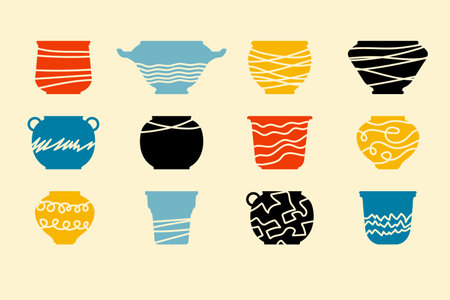 Colorful collection of pottery objects. Pots, jugs, jars, and bowls, illustrated in a modern, flat vector style. Silhouettes with line decorative elements. Set icons for designのイラスト素材