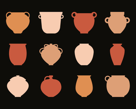Ancient crockery set. Silhouette collection of icons with jur. Vector pottery icons for design. ceramic pot set. Retro ceramic vases in boho style. Clay products in traditional styleのイラスト素材