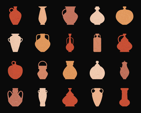 Natural ancient vases and jugs set. Silhouette collection of icons with jur. Vector pottery icons for design. ceramic pot set. Retro ceramic vases in boho style. Clay products in traditional styleのイラスト素材