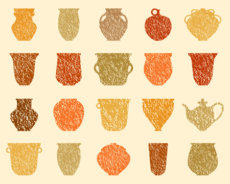 Set of ceramic products with texture. Vector flat illustration. Fireclay pots and vasesのイラスト素材