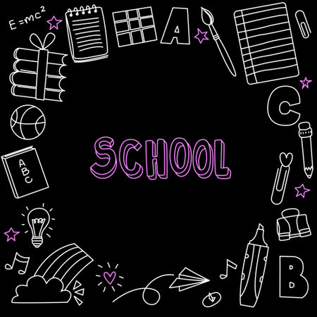 Doodle style illustration of school supplies and lettering School Vector editable strokeのイラスト素材