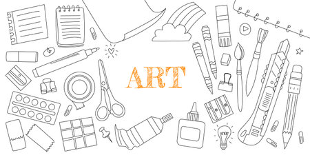 Doodles vector illustration with editable stroke. Art and stationery elementsのイラスト素材