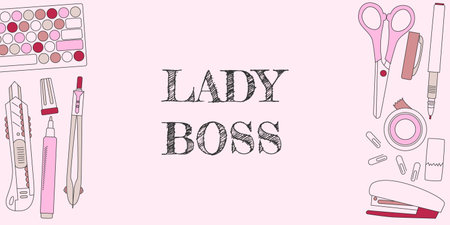 Lettering Lady Boss surrounded by stationery supplies. Banner for woman Boss. Cute illustration of office work items. Vector line doodle style. Editable stroke itemsのイラスト素材