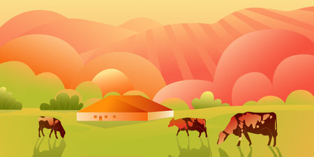 Autumn landscape depicting cows in a meadow. Vector illustration with gradientのイラスト素材