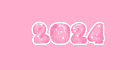 Cute cartoon banner 2024. Pink banner with letters with a 3D effect. Vector illustrationのイラスト素材