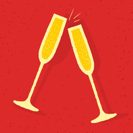 Poster with glasses of champagne clinking. Vector with texture. Celebrating the event. Sparkling wine in a glassのイラスト素材