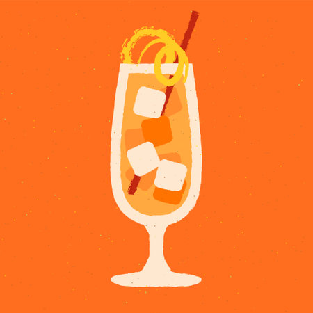 Cold mocktail with lemon zest and straw. Hurricane refreshing cocktail in glass on a stem. Alcohol drink with citrus and ice cubes. Vector flat illustration with textureのイラスト素材