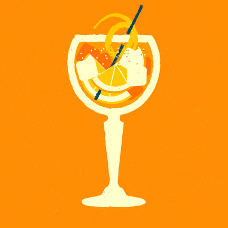 Cold drink with ice cubes and citrus fruits in glass on a stem. Alcohol drink with orange and zest. Vector flat illustration with texture. Bright beveridge with strawのイラスト素材