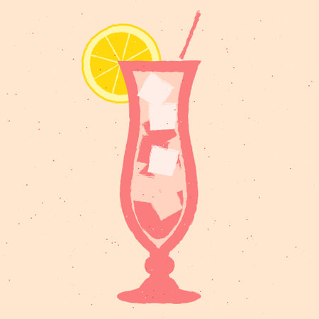 Cold mocktail with lemon and straw. Hurricane refreshing cocktail in glass on a stem. Alcohol drink with citrus and ice cubes. Vector flat illustration with texture. Bright pink beveridge for barのイラスト素材